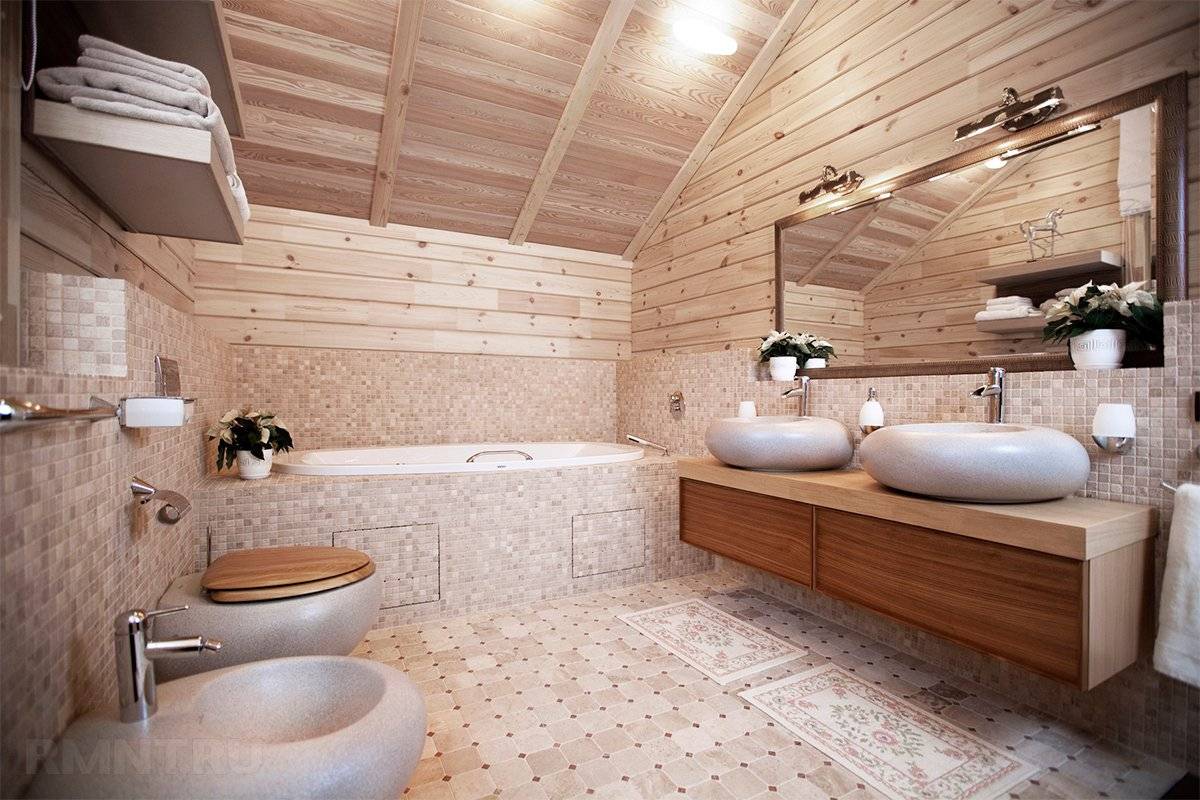Ванная комната в деревянном доме из бруса, дизайн и интерьер ванны в доме из клееного бруса