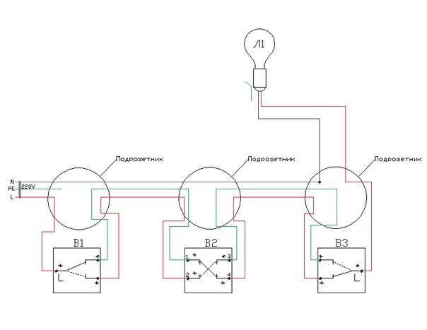 Схема подключения проходного выключателя с 2-х мест на 1 или 2 лампочки