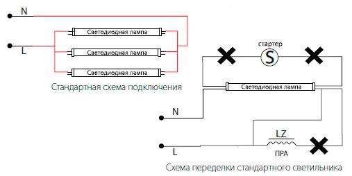 Схема подключения светодиодной лампы вместо люминесцентных