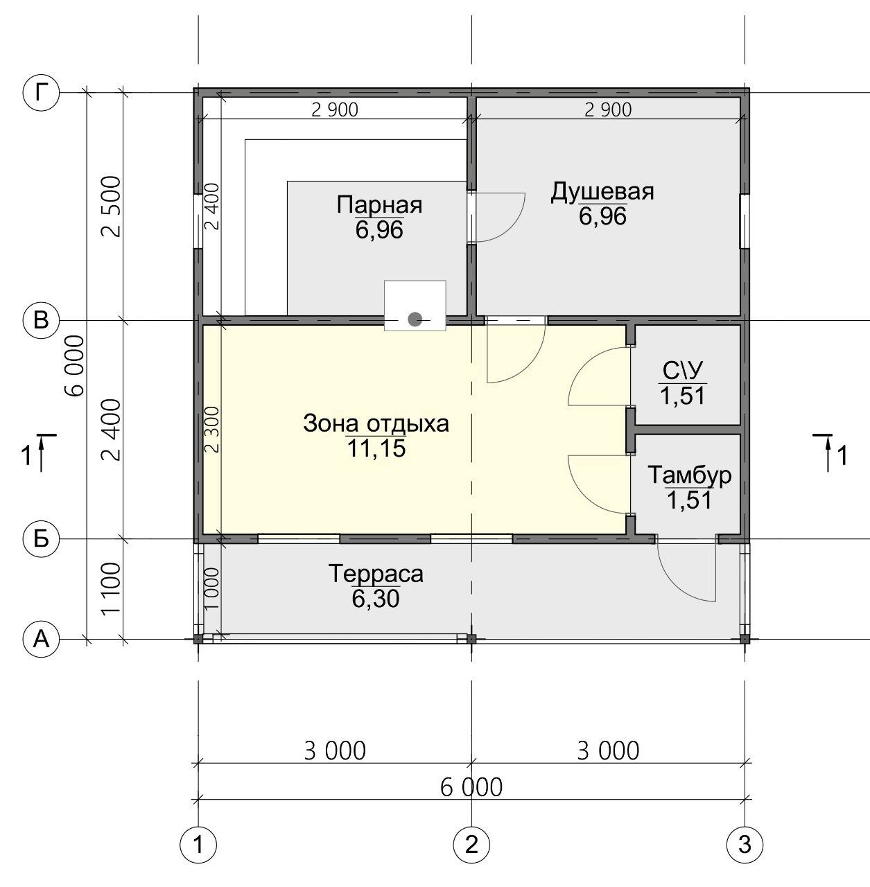 Планировка бани 6х6 Одноэтажная