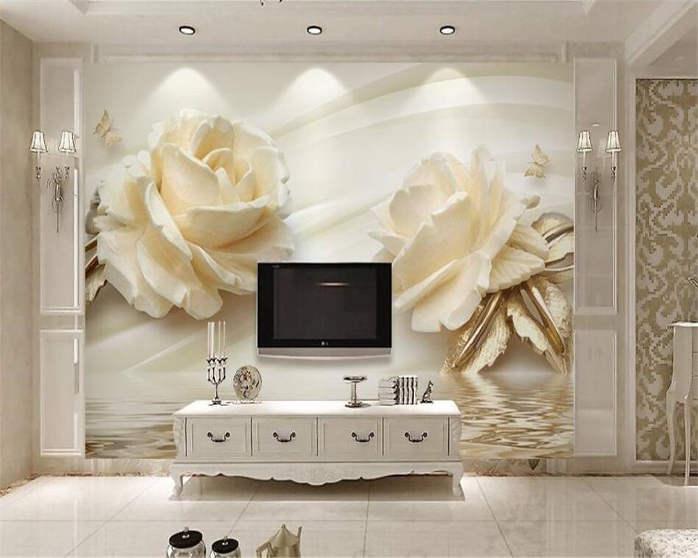 Фреска с белыми розами в гостиной