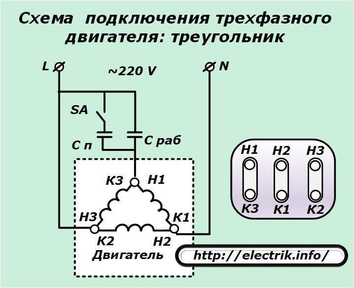 Схема подключения трехфазного электродвигателя к трехфазной сети