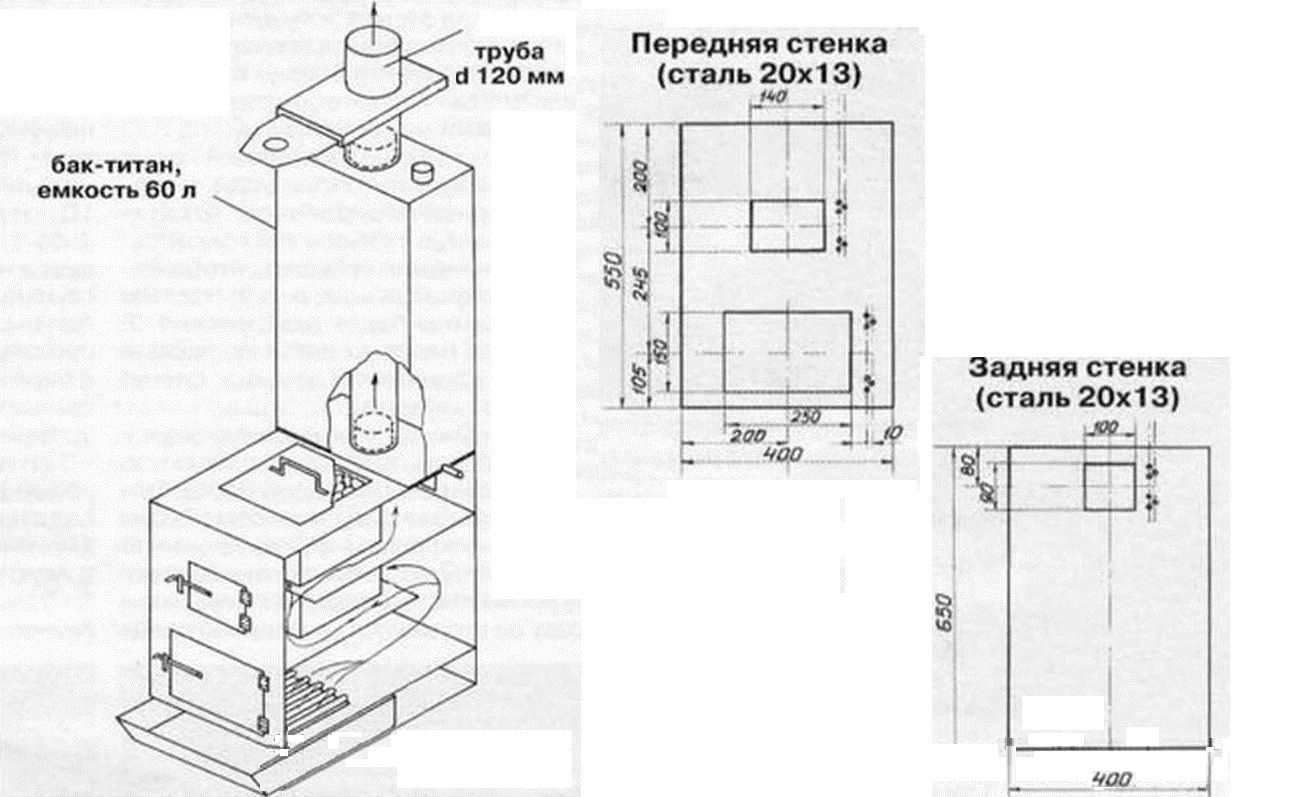 Чертеж банной печи из металла с закрытой каменкой