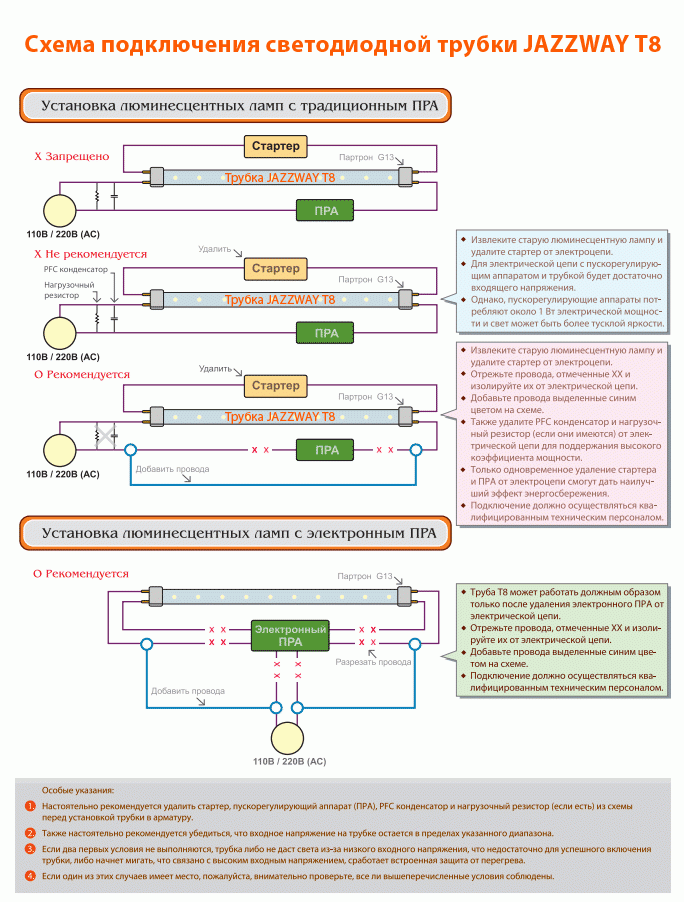 Схема подключения лампы лед вместо люминесцентных