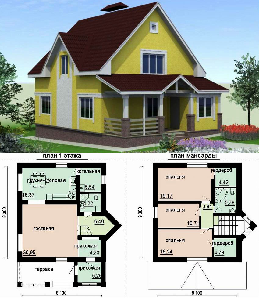 План дома 8х8 с мансардой из пеноблоков удобная планировка