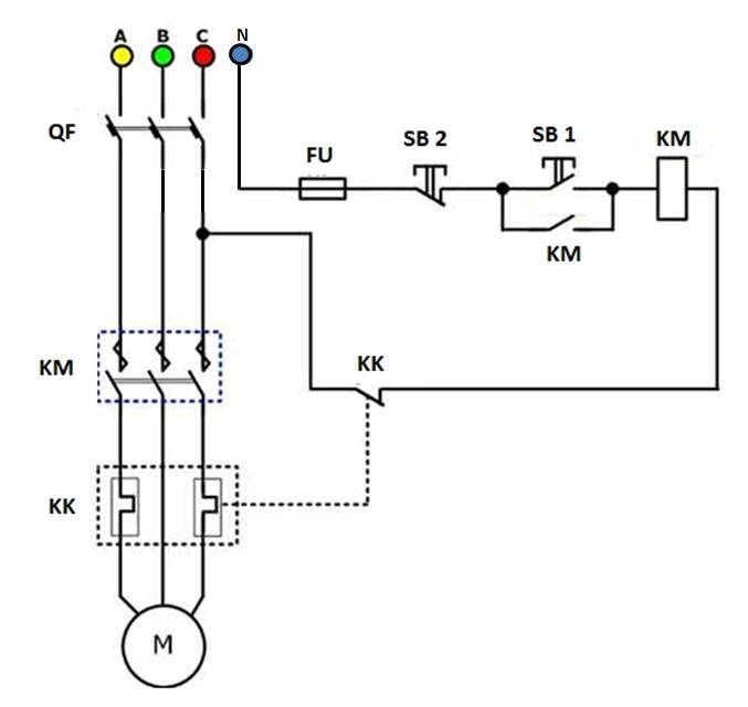 Схема подключения трехфазного двигателя через магнитный пускатель с тепловым реле с кнопкой 380