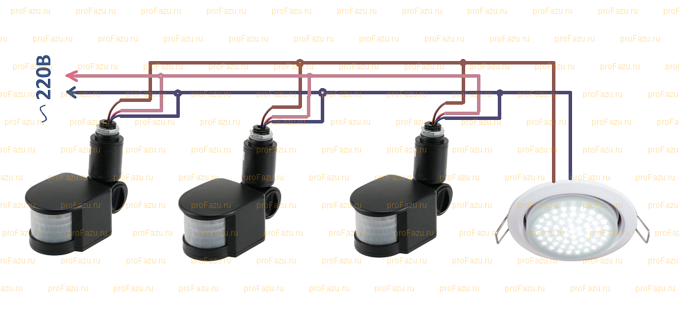 Схема подключения двух датчиков движения для освещения
