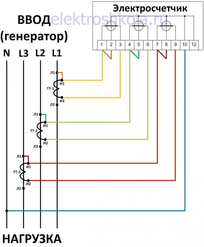 Схема подключения счетчика через трансформаторы тока и напряжения