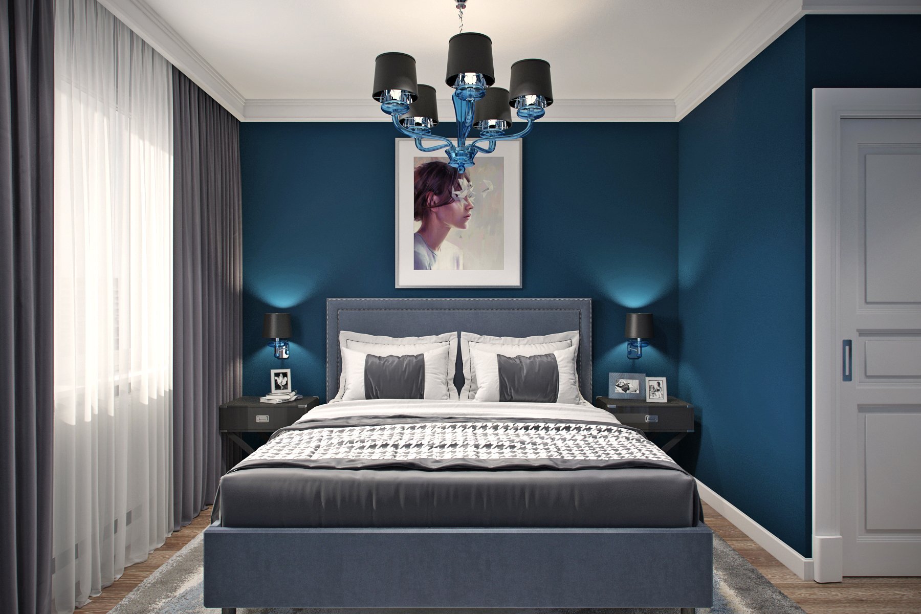 темно синий цвет в интерьере спальни