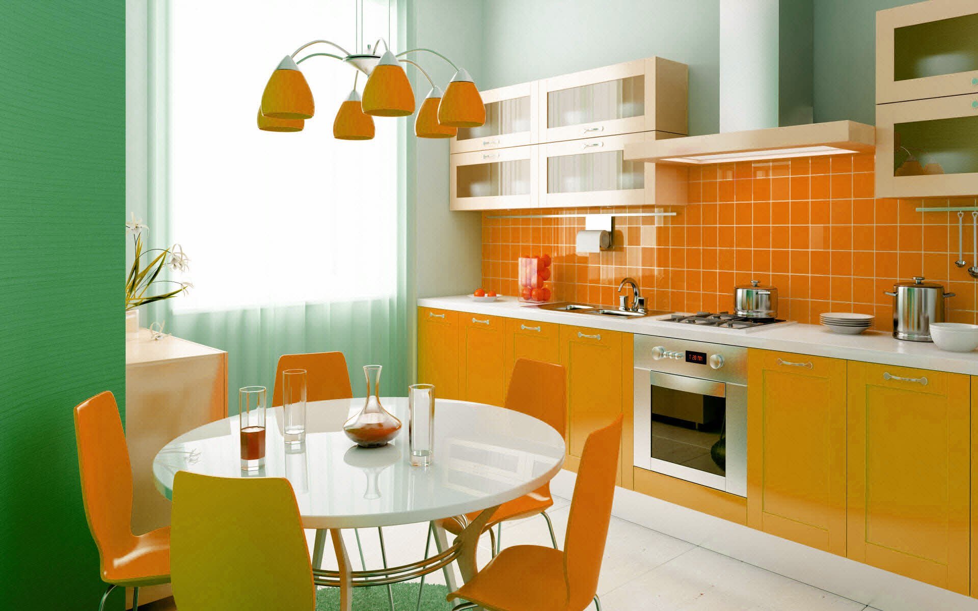 обои к оранжевой мебели на кухне