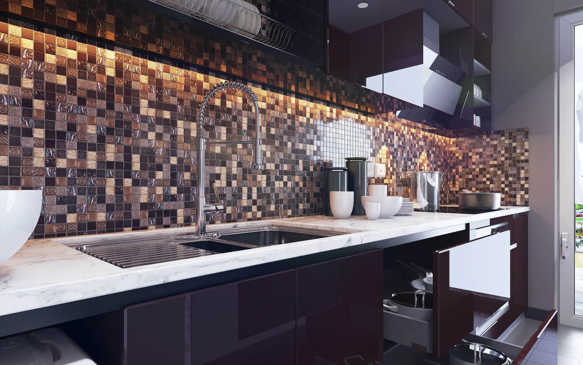 Мозаичная плитка для кухни. мозаика на кухонном фартуке: выбор плитки, цвета и узора