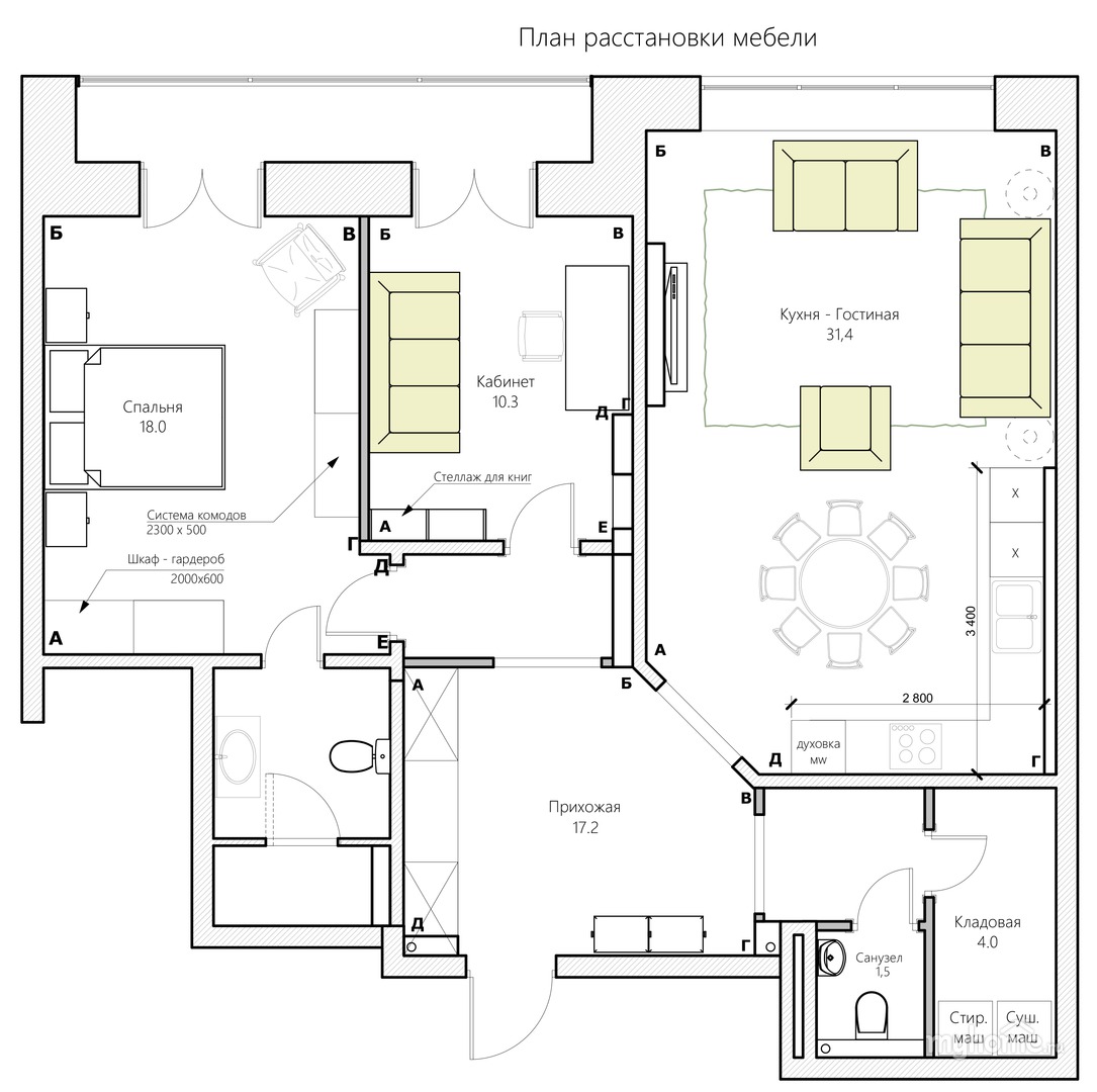 План расстановки мебели кухня чертеж