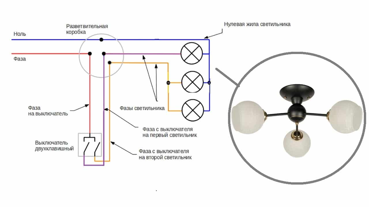 Подключение двухклавишного выключателя на люстру с тремя проводами схема подключения