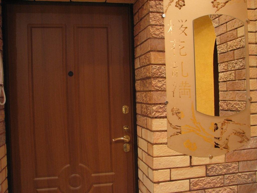 Фото входной двери отделанной декоративным камнем