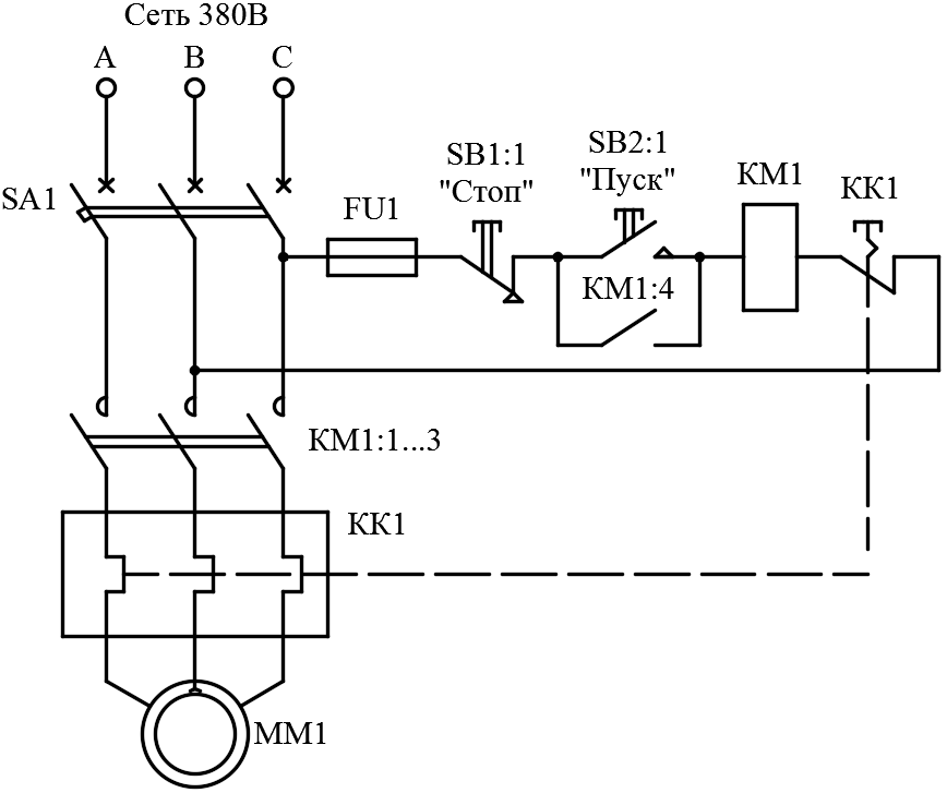 Схема подключения 3х фазного двигателя на 380 через магнитный пускатель