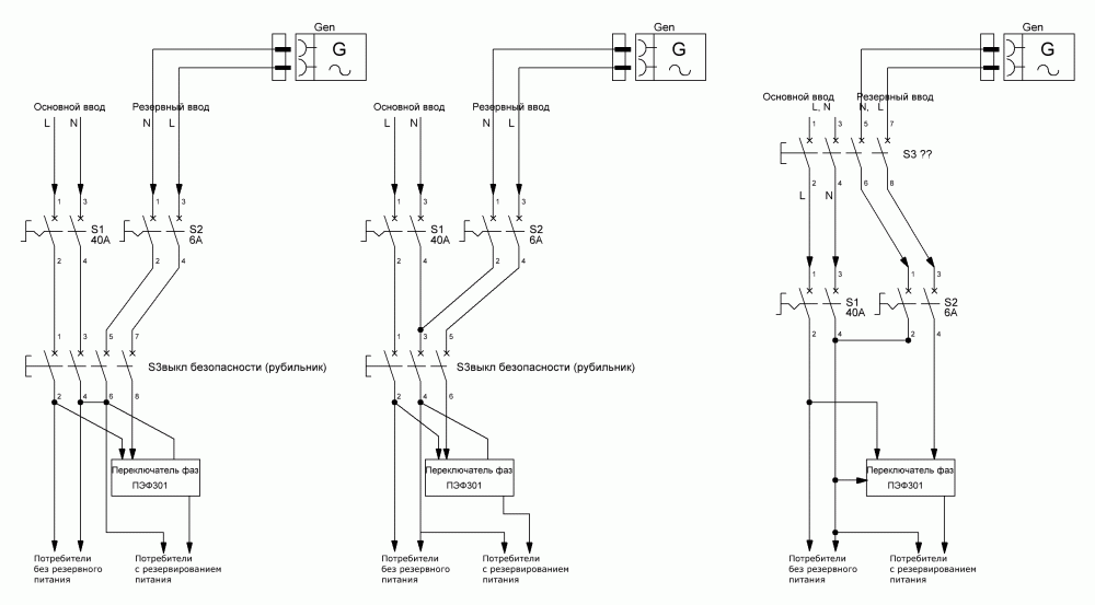 Перекидной рубильник 3 х фазный на схеме