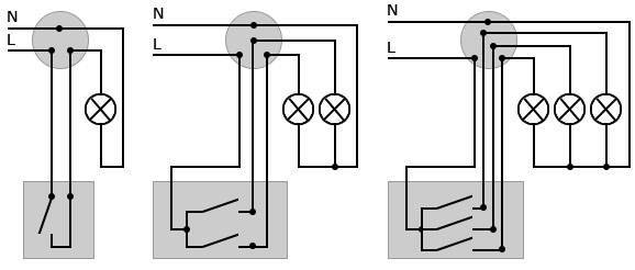 Три выключателя на три лампочки схема