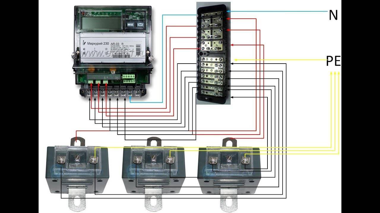 Схема подключения испытательной коробки с 3 трансформаторами тока