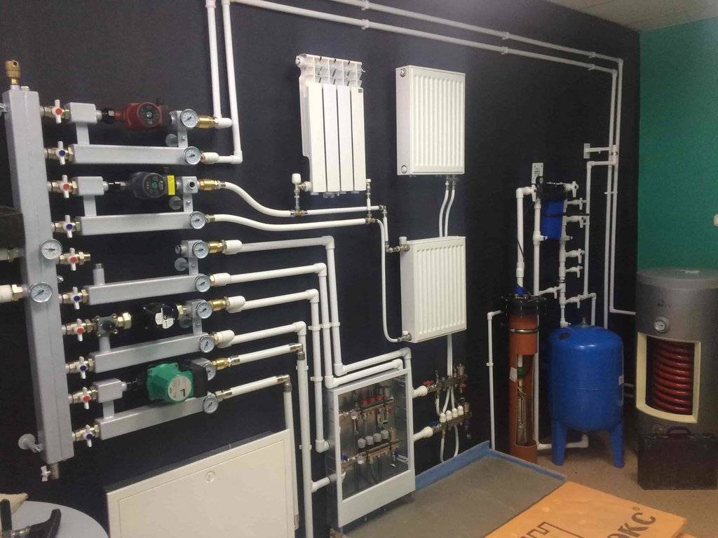 Оборудование для систем отопления: котел, трубы, радиаторы, запорная арматура, фильтры, дымоход