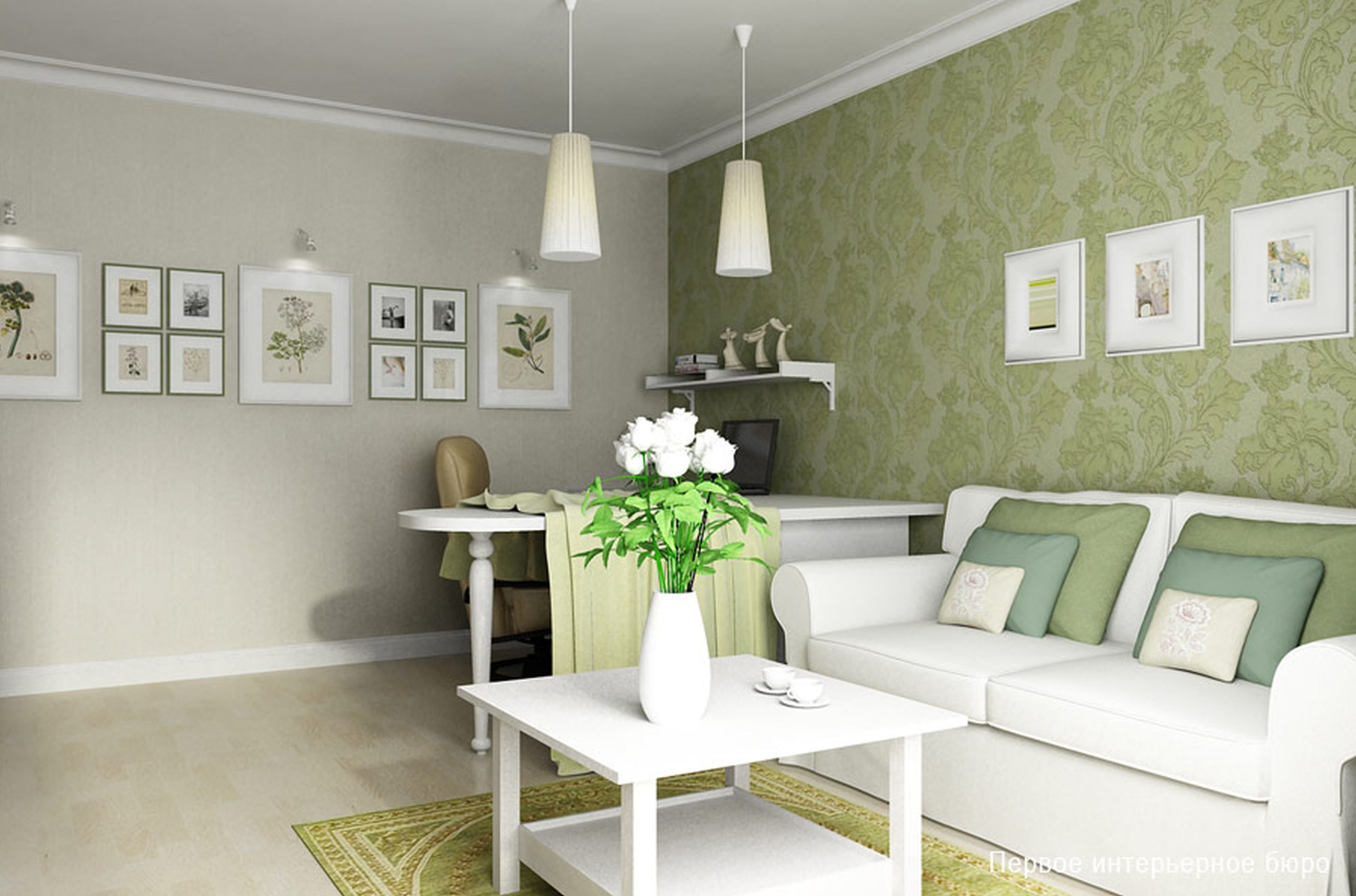 серо зеленый цвет стен в интерьере гостиной