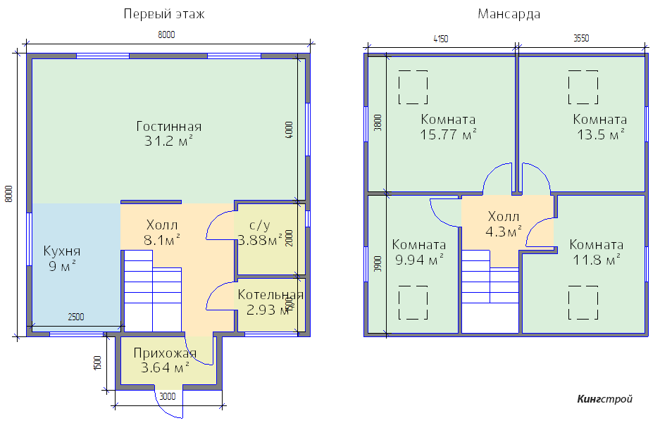 Проект дома 8x8 с мансардой из газобетона