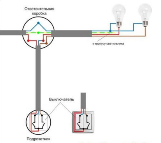 Схема двухклавишного выключателя на две лампочки трехжильным проводом