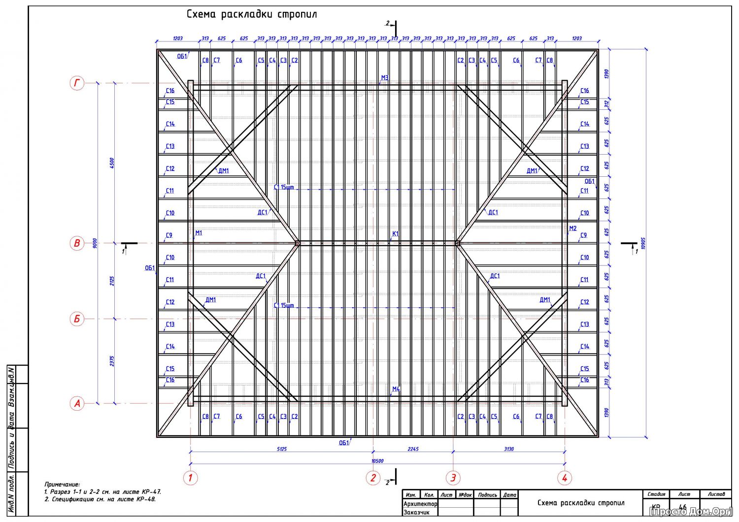 Схема расчета 4х скатной крыши