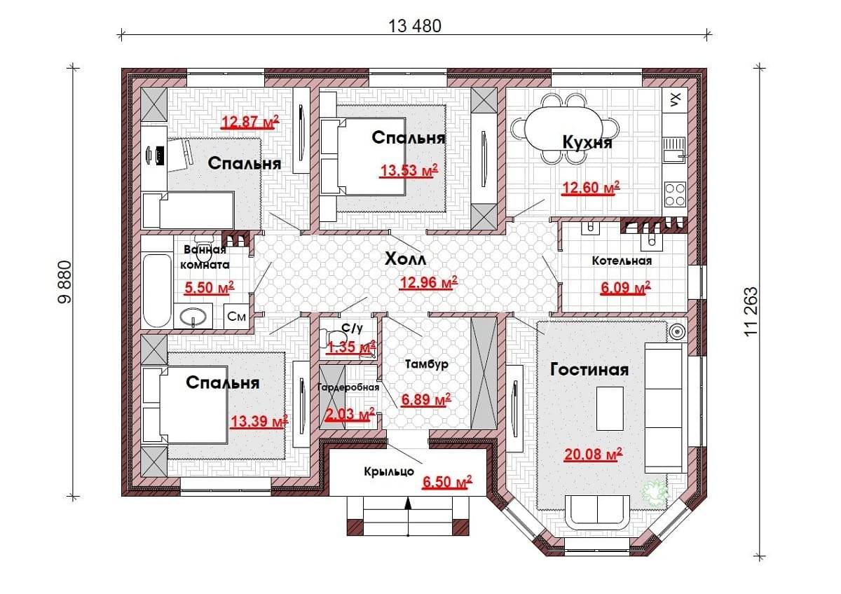 планировка одноэтажного дома с кухней гостиной