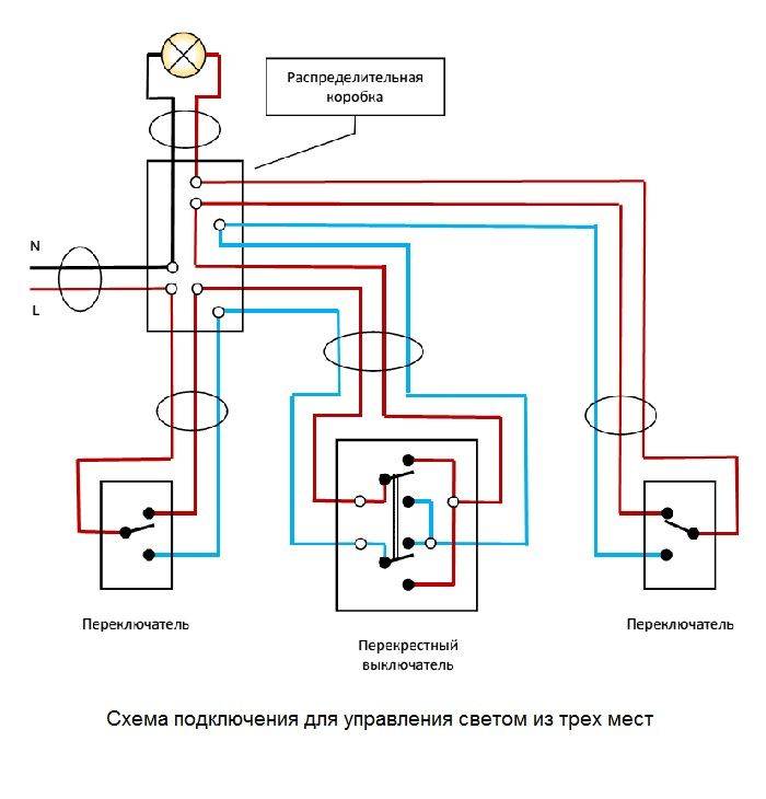 Схема подключения 3 х проходных. Проходной выключатель с трех мест с 2 выключателем схема подключения. Три проходных выключателя схема подключения. Схемы подключения проходных выключателей и переключателей. Схема подключения проходного и перекрестного выключателя с 3х мест.