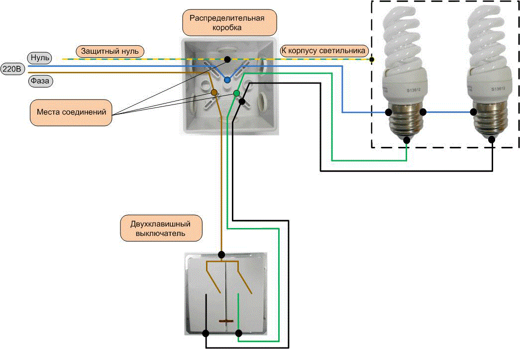 Две клавиши. Схема подключения двойного выключателя на 2 лампочки. Схема подключения сдвоенного выключателя. Схема подключения выключателя 2 провода. Схема соединения проводов на двухклавишный выключатель.