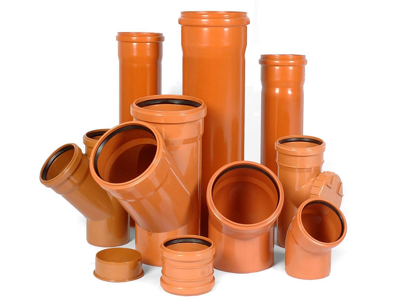Трубы канализационные оранжевые, серые, коричневые и гофрированные